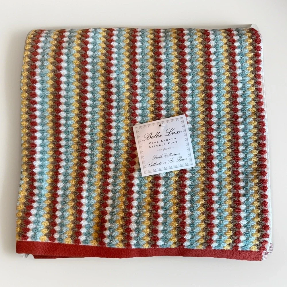 (2) Bella Lux Jacquard Chevron Bath Towel Textured Stripe Aqua Rust‎ Mustard New